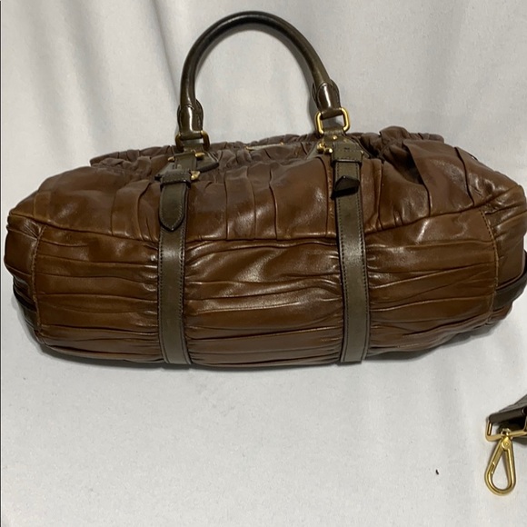 PRADA Nappa Gaufre Brown Leather Ruched Tote Bag - Picture 3 of 9